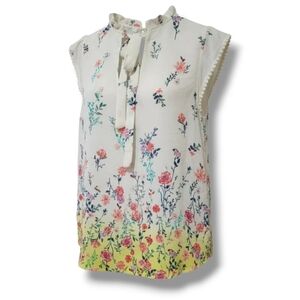 Cresent & Willough Floral Cap Sleeve Tie Neck Blouse Size Small